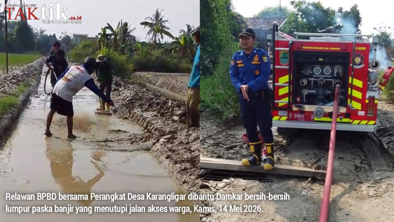 Paska Banjir, Relawan BPBD Dibantu Damkar Bersihkan Lumpur Setebal 30 Cm yang Menutupi Jalan Akses Warga